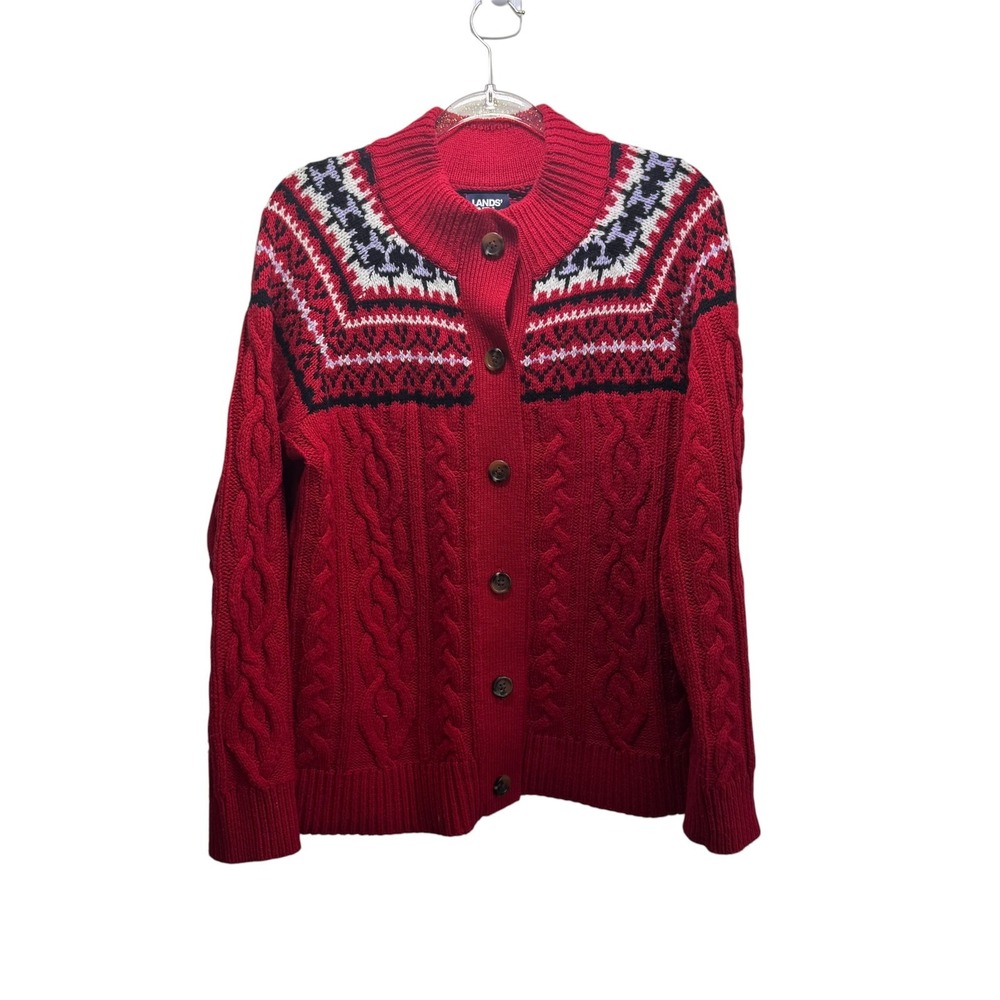 Lands End Nordic Fair Isle Chunky Cable Knit Lofty Cardigan Sweater Wo's L Red